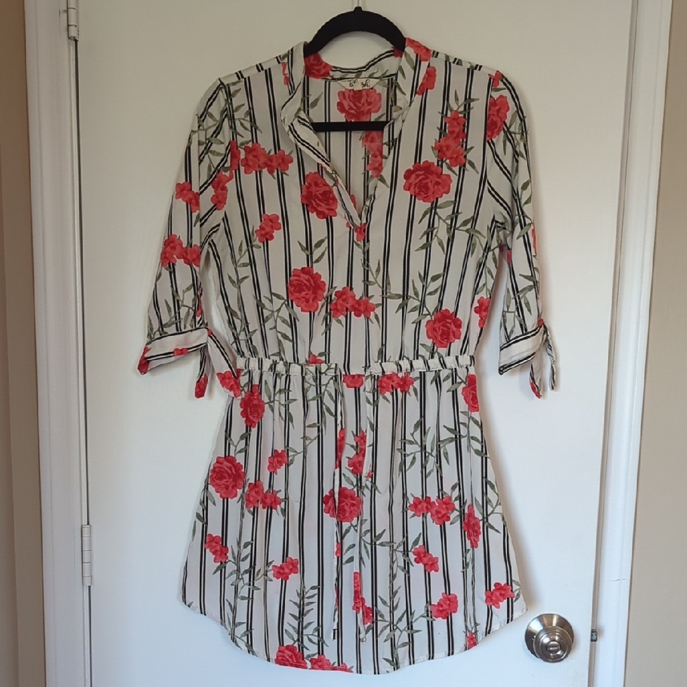Blush Red Floral Striped Long Sleeve Dress
